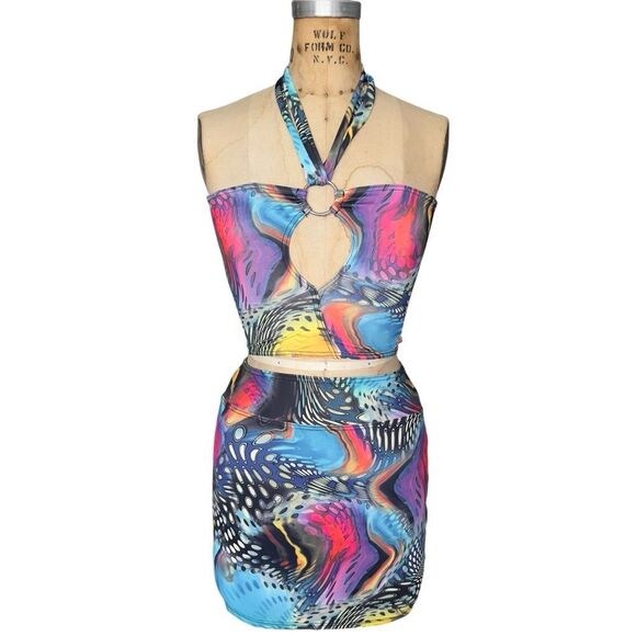 BabyLu Vintage Psychedelic Halter Crop Set - Top Medium Skirt Large - Picture 1 of 6